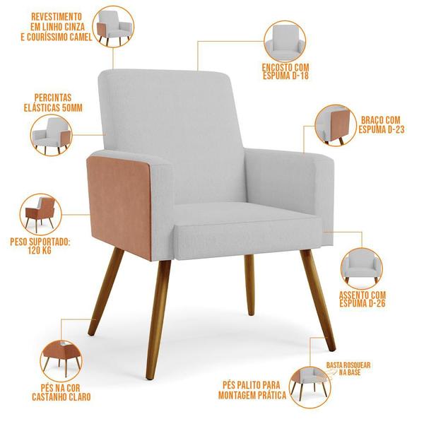 Imagem de Kit 03 Poltronas Decorativa Maria W01 Pés Palito Linho Cinza Material Sintético Camel - Lyam Decor