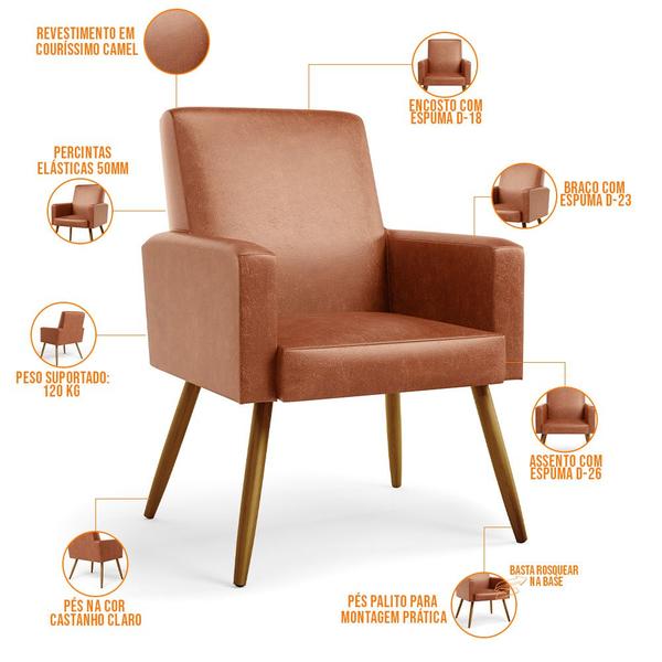 Imagem de Kit 03 Poltronas Decorativa Para Sala De Estar Maria W01 Pés Palito material sintético Camel - Lyam Decor