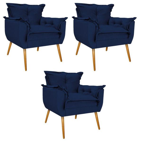 Imagem de kit 03 Poltronas Decorativas Apolo Palito Mel Suede Azul Marinho