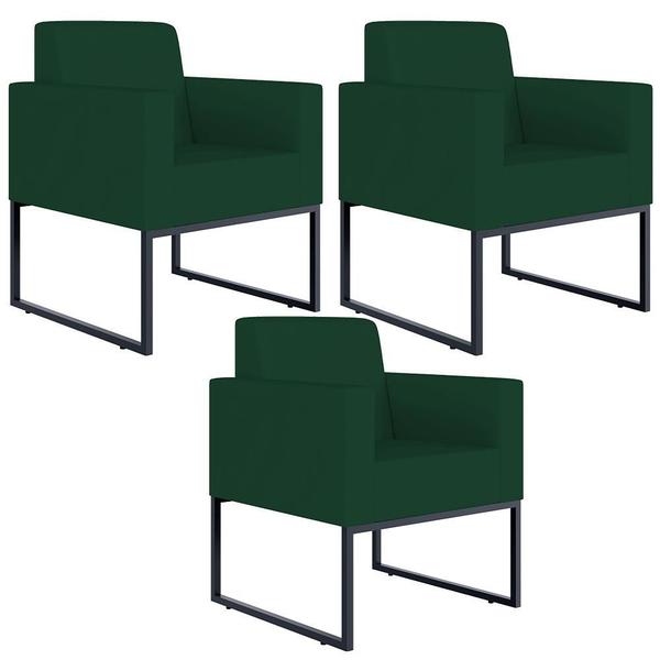 Imagem de Kit 03 Poltronas Decorativas Sala e Recepção Base Fixa Metal Helô L02 Suede Verde Musgo - Lyam Decor