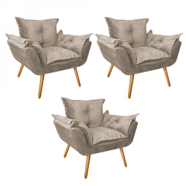 Imagem de Kit 03 Poltronas Opala Decorativa Para Sala de Estar Recepção Tecido Sintético Bege - Ahazzo Móveis