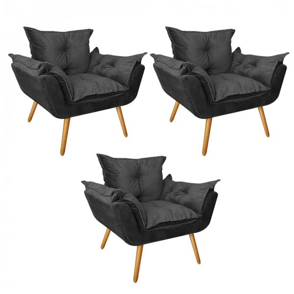 Imagem de Kit 03 Poltronas Opala Decorativa Para Sala de Estar Recepção Tecido Sintético Cinza - Ahazzo Móveis