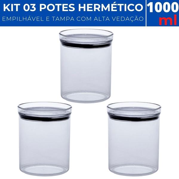 Imagem de Kit 03 Potes Hermético Acrílico Redondo Lumini 1000ml Organizador