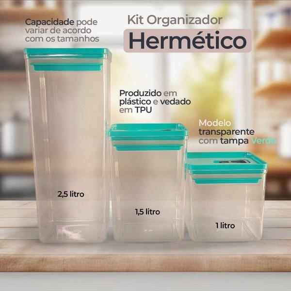 Imagem de Kit 03 Potes Organizador Hermético Verde Armazenamento