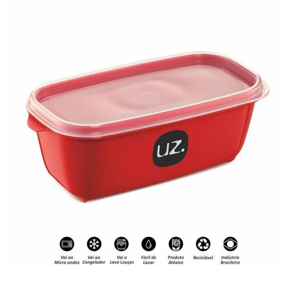 Imagem de Kit 03 Potes Retangular De Plástico Vermelho Com Tampa Transparente UZ Utilidades Vasilha Para Alimentos Para Freezer E Microondas