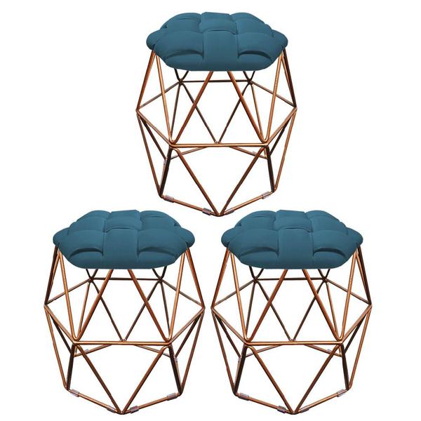 Imagem de Kit 03 Puff Banqueta Luna Nó Escandinavo P/ Pentedeira Sala Quarto Hexágono Bronze Suede Azul Turquesa - Ahazzo Móveis