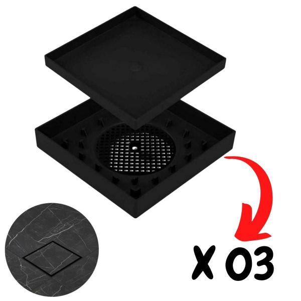 Kit 03 Ralo 10X10 Oculto Piso Porcelanato Inteligente Preto - Ralo Invisível Imagem de Kit 03 Ralo 10X10 Oculto Piso Porcelanato Inteligente Preto