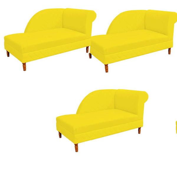 Imagem de Kit 03 Recamier  Decorativa  EGEU Pé em Madeira  2 Lugares Sala de Estar Recepção Escritório Suede Amarelo - Damaffê Móveis