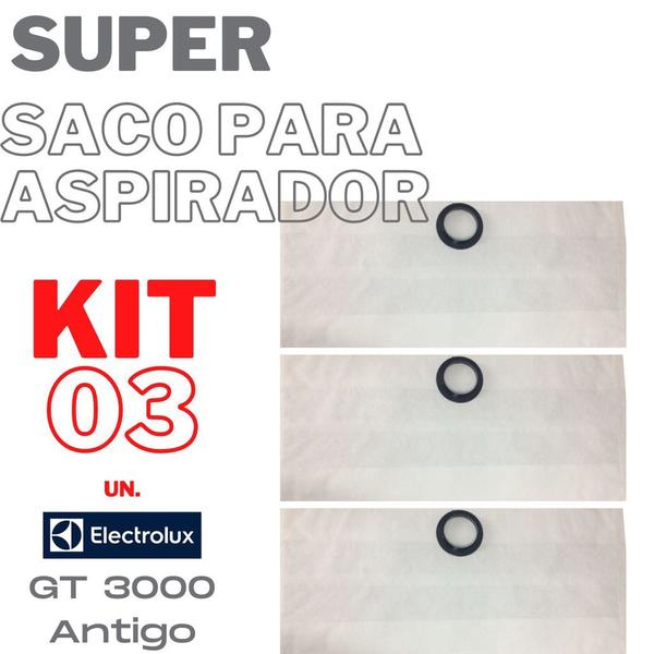Imagem de Kit 03 Saco Aspirador De Pó Eletrolux Descartável GT3000 Antigo com bocal de encaixe 65mm