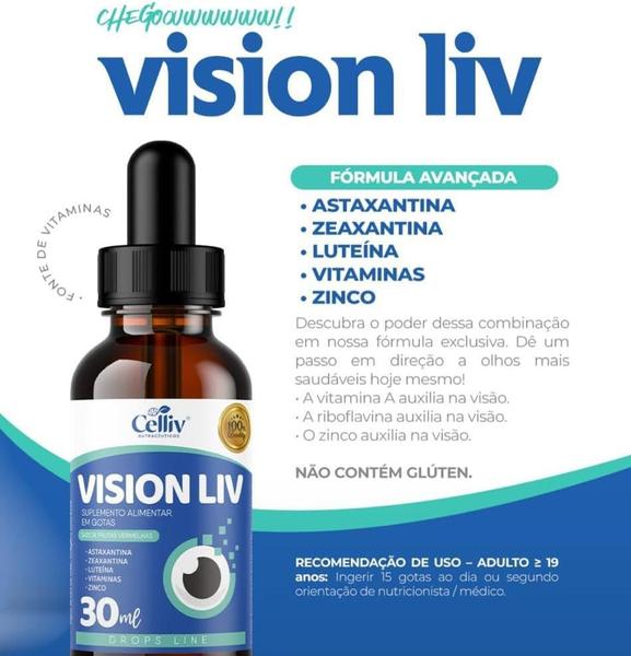 Imagem de Kit 03 Vision Liv - Astaxantina, Zeaxantina, Luteína, Vitaminas e Zinco 30ml Celliv