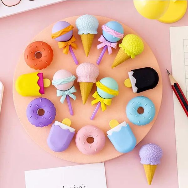 Imagem de Kit 04 Borracha Escolar Fofa Colorida Divertida de Sobremesa Sorvete Picolé Donuts Pirulito Papelaria Kwaii