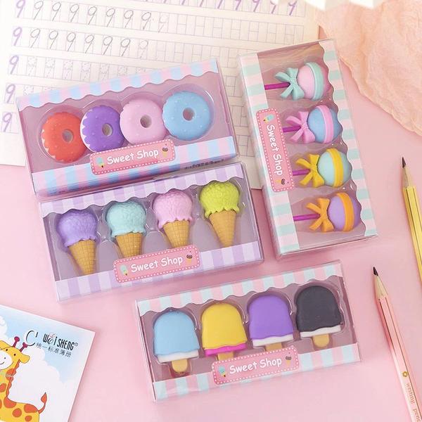 Imagem de Kit 04 Borracha Escolar Fofa Colorida Divertida de Sobremesa Sorvete Picolé Donuts Pirulito Papelaria Kwaii