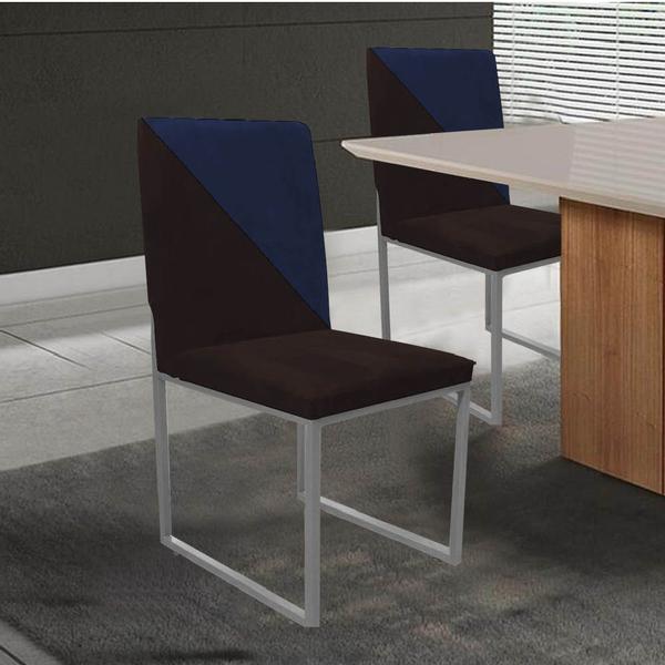 Imagem de Kit 04 Cadeira Office Stan Duo Sala de Jantar Industrial Ferro Prata Suede Marrom e Azul Marinho - Ahz Móveis