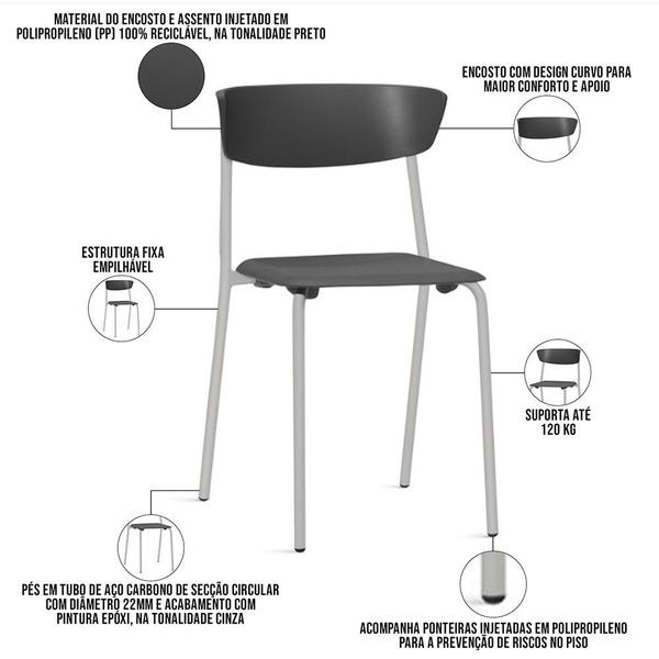 Imagem de Kit 04 Cadeiras Empilhável Fixa Atom F02 Base Aço Cinza Preto - Lyam Decor