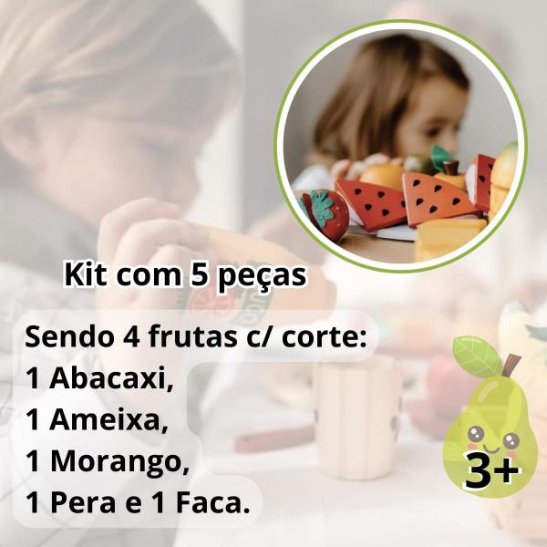 Imagem de Kit 04 frutinhas madeira Abacaxi, Ameixa Morango Pera + Faca