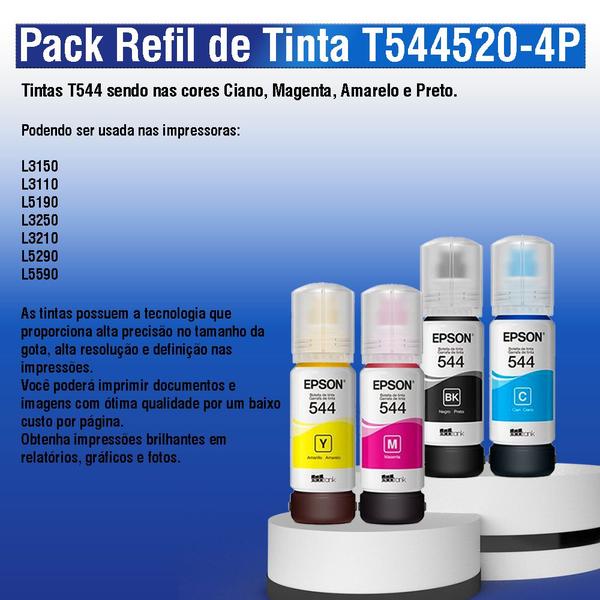 Imagem de Kit 04 Garrafa de tintas T544 65ml para impressora L3210, L5290, L5590