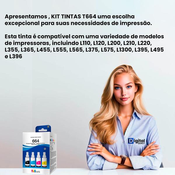 Imagem de Kit 04 garrafas de tintas T664 para impressora L210