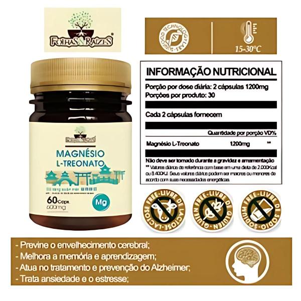 Imagem de Kit 04 magnesio l treonato 600mg folhas e raizes