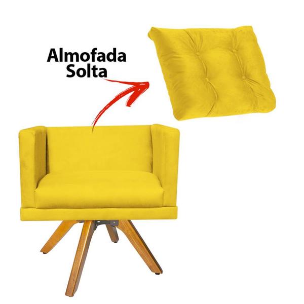 Imagem de Kit 04 Poltrona Lucia Confort Base Giratória Madeira Com Almofada Sala Recepção Escritório Suede Amarelo - KDAcanto Móveis