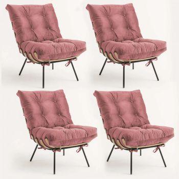 Imagem de Kit 04 Poltronas Costela Decorativa Sala de Estar Quarto Suede Rose Gold