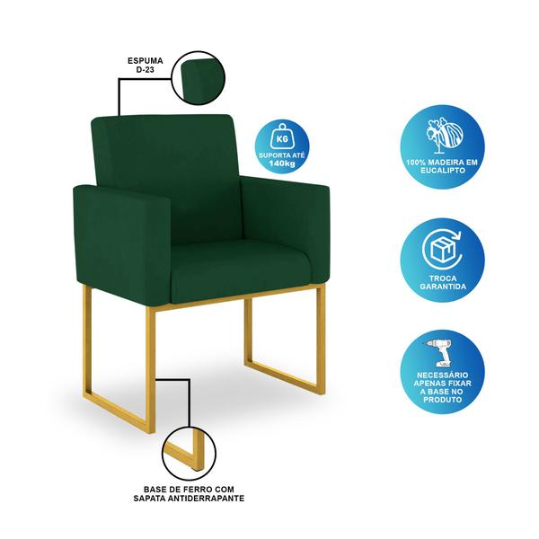 Imagem de Kit 04 Poltronas Decorativa cor Verde - Base Ferro Dourado