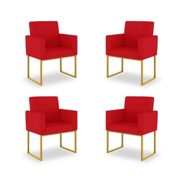 Imagem de Kit 04 Poltronas Decorativa Vermelho - Base Ferro Dourado