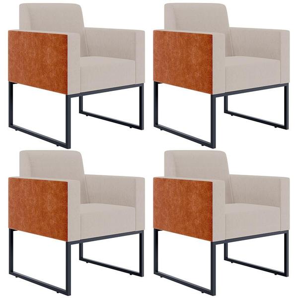 Imagem de Kit 04 Poltronas Decorativas Sala Base Fixa Metal Helô L02 Linho Bege Material Sintético Camel - Lyam Decor