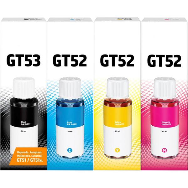 Kit 04 Refil de Tinta GT53 Preto GT52 Cores para tank 5800, 5810, 5820, 310, 350, 410, 450, 510, 550, 610 - INK TANK HEW PACK Imagem de Kit 04 Refil de Tinta GT53 Preto GT52 Cores para tank 5800, 5810, 5820, 310, 350, 410, 450, 510, 550, 610
