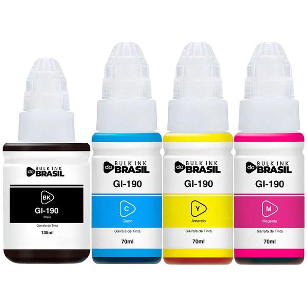 Kit 04 refil de tintas GI-190 Ciano, Magenta, Preto, Amarelo compatível canon G3110 - Bulk Ink Do Brasil Imagem de Kit 04 refil de tintas GI-190 Ciano, Magenta, Preto, Amarelo compatível canon G3110