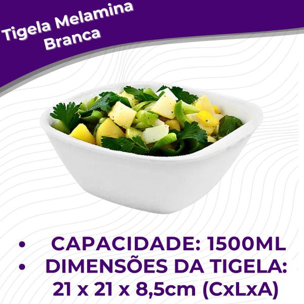 Imagem de Kit 04 Tigela Quadrada Lisa de Melamina Branca Leve Resistente - 1500mL - 21cm - Bestfer