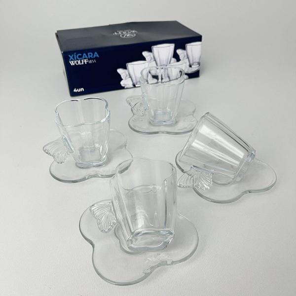 Imagem de Kit 04 Xícaras de Café com Pires Butterfly 180ml Vidro Wolff