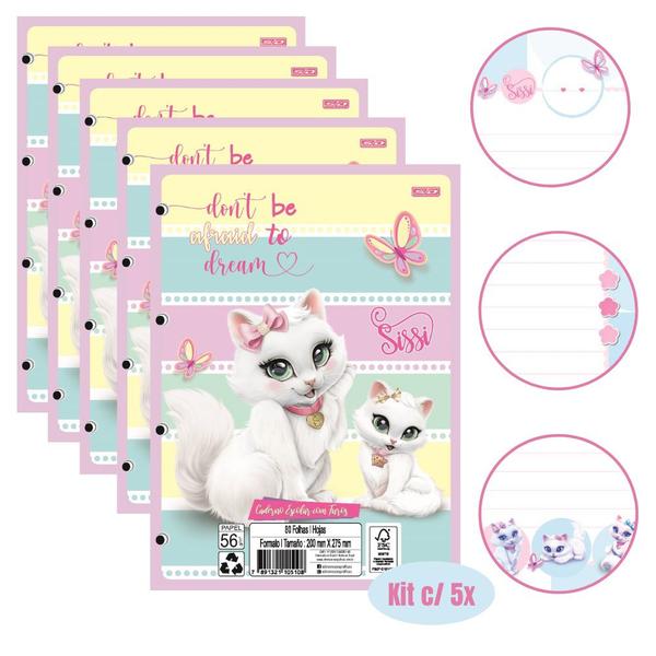 Imagem de Kit 05 Blocos de Folhas Para Fichário Caderno Argolado Gatinha SISSI Decorado 80 Folhas São Domingos