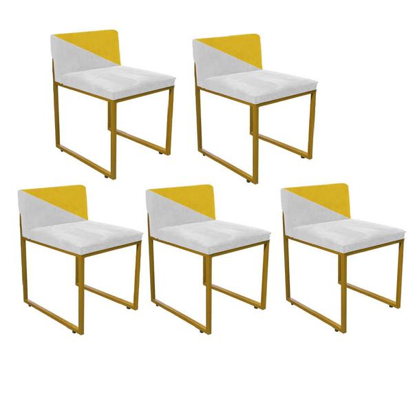 Imagem de Kit 05 Cadeira Office Lee Duo Sala de Jantar Industrial Ferro Dourado material sintético Branco e Amarelo - Ahz Móveis