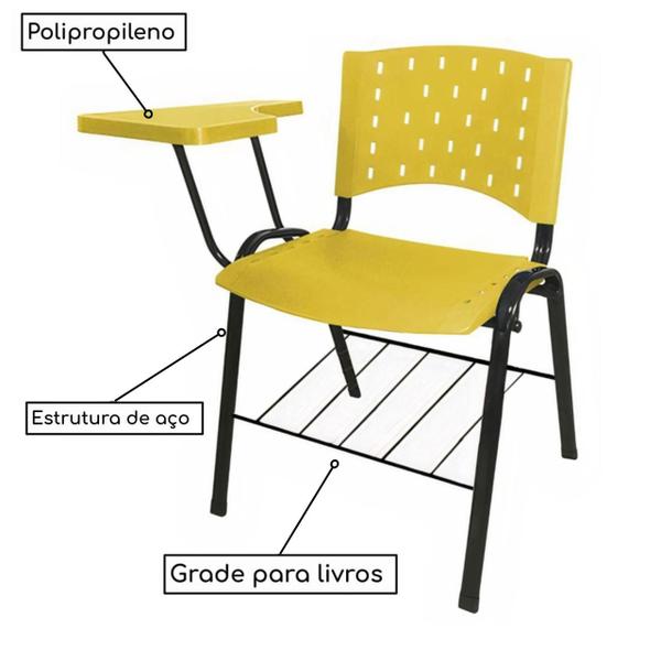 Imagem de Kit 05 Cadeiras Plásticas Universitárias PRANCHETA PLÁSTICA com Porta Livros - Cor Amarelo - REALPLAST - 32041