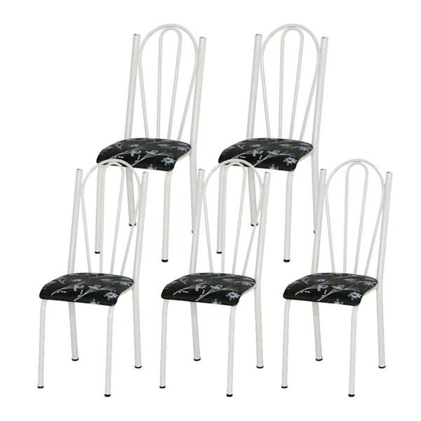 Kit 05 Cadeiras Tubular Branca 021 Assento Preto Florido - Artefamol Imagem de Kit 05 Cadeiras Tubular Branca 021 Assento Preto Florido
