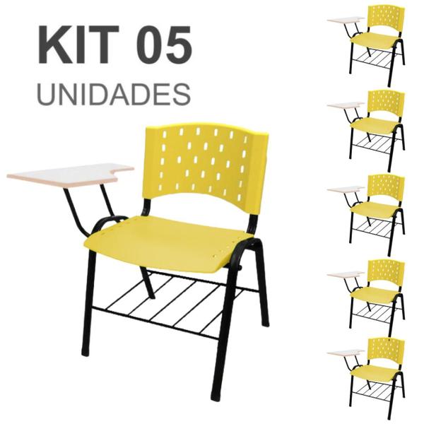 Imagem de KIT 05 Cadeiras Universitárias com Prancheta e Porta Livros - Cor Amarelo - REAPLAST - 32030