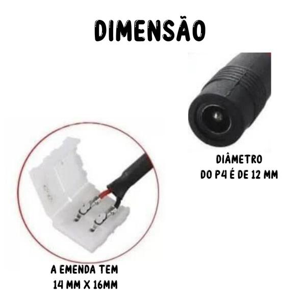 Imagem de Kit 05 conector emenda fita de led 6500k/4000k/3000k 2 vias 5050 ou 3528 mais rabicho femea p4