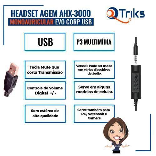 Imagem de Kit 05 Headsets Usb Agem Ahx3000 Evo Mono Cancelador Ruído