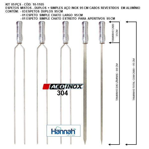 Imagem de Kit 05 Peças Espeto Churrasco Aço Inox Duplo + Chato Largo + Chato Estreito Aperitivo  95 Cm Cabo Em Revestido Alumínio