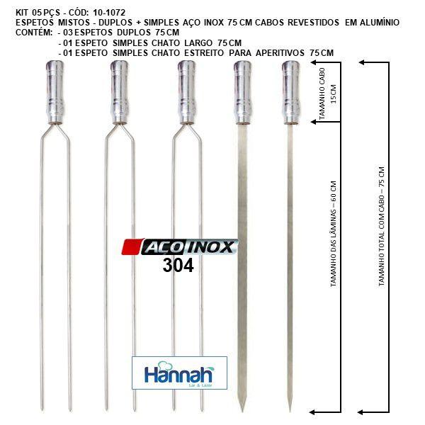 Imagem de Kit 05 Peças Espeto Churrasco Misto Aço Inox Duplo + Chato Largo + Chato Estreito Aperitivo 75 Cm Cabo Madeira Revestido