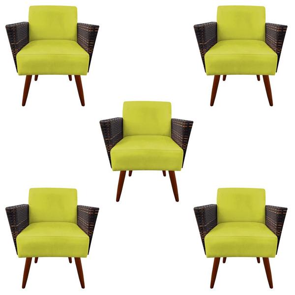 Imagem de Kit 05 Poltronas Chanel Braça Tramada Pés Palito Suede Amarelo - D'Classe Decor