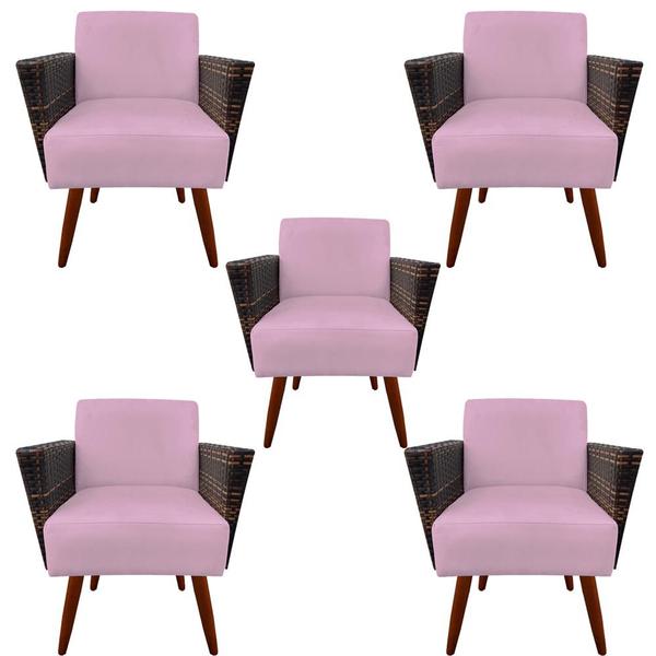 Imagem de Kit 05 Poltronas Chanel Braça Tramada Pés Palito Suede Rosa Bebê - D'Classe Decor