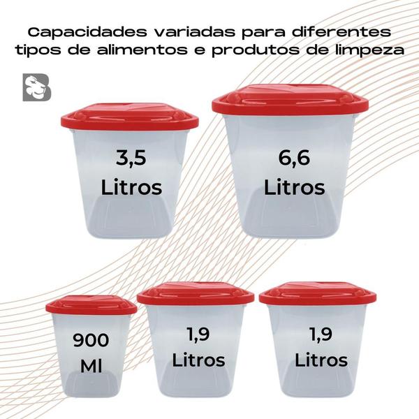 Imagem de Kit 05 Porta Mantimentos Potes Com Tampa 5 Peças Organização e Armazenamento de Alimentos e Produtos