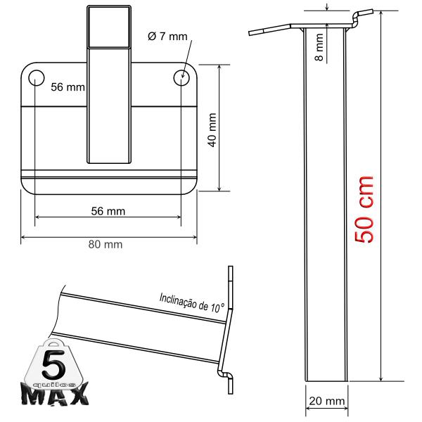 Imagem de Kit 05 Suportes Inclinação Haste De Refletor Led Parede Fachada Banner Base Inclinada 50 Cm