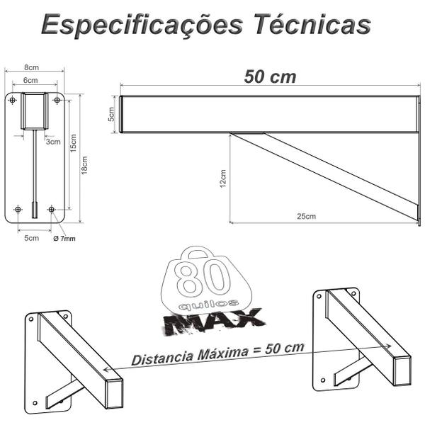 Imagem de Kit 05 Suportes para Pia Cozinha Granito Parafusar Grapa Bancada Mármore 50 cm Robusto - Preto