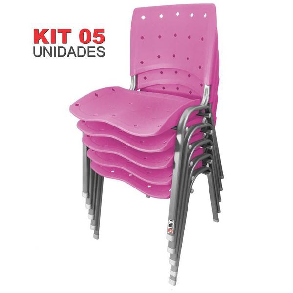 Imagem de Kit 05 Unidades Cadeira Fixa Anatômica Ergoplax Rosa Translúcido Estrutura Prata