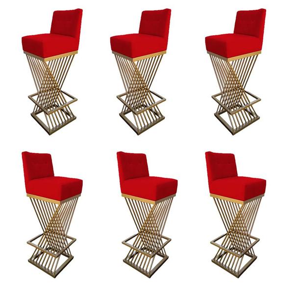 Kit 06 Banquetas Luma Base de Ferro Sued Vermelho - D'Classe Decor Imagem de Kit 06 Banquetas Luma Base de Ferro Sued Vermelho - D'Classe Decor