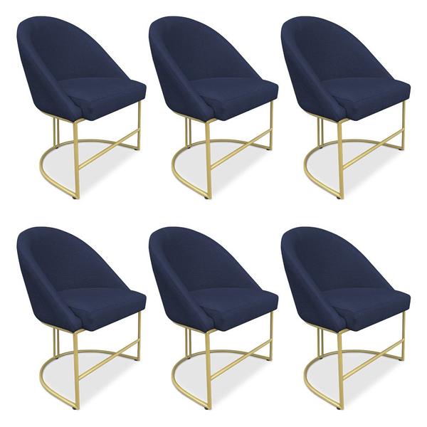 Imagem de Kit 06 Cadeiras Poltrona de Jantar Bela Suede Azul Marinho Base Metálica Industrial Dourado - Pallazio