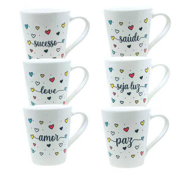 Imagem de Kit 06 Caneca Poa Coração Frases Amor Paz Gratidão