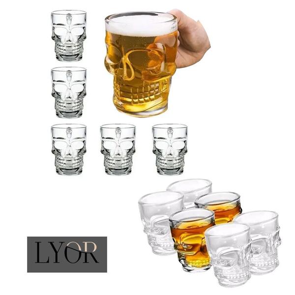 Imagem de Kit 06 Canecas de Vidro P/Chopp Caveira Cerveja 365ml + 6 Copinhos Dose Bar LYOR